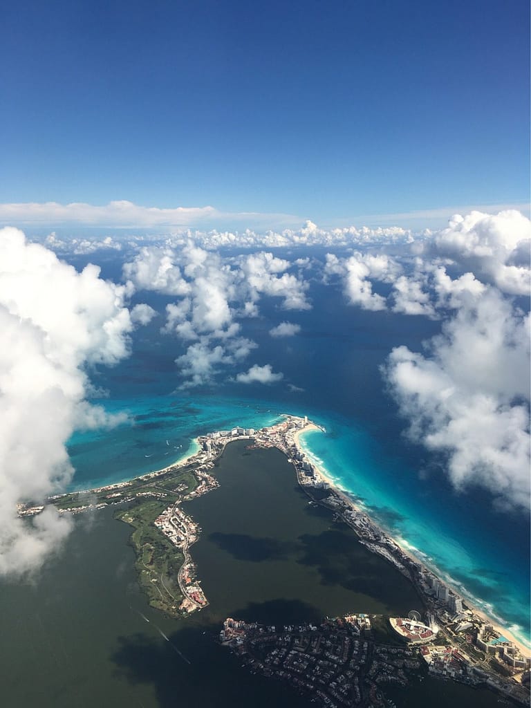 Flying into Cancun,, Mexico